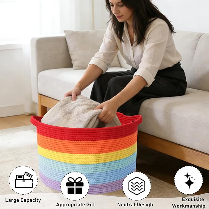 115L Large Blanket Basket,23.6" L x 23.6" W x 15.7" H Rope Woven Baskets with Handles, Toys Storage Bins,Laundry Basket Perfect for Living Room, Nursery,Bedroom,Home Organization,Rainbow