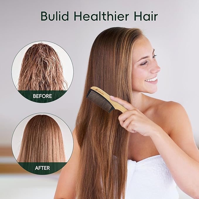 Natural Bamboo Comb for Detangling, Durable Bakelite Infused Anti Static Fine tooth Comb for Curly, Thick, Think Hair & Beard, Eco-Friendly Hair Comb for Women,Men