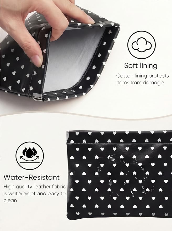 Dots Leather Makeup Pouch Set for Women Small Make Up Bag for Purse Waterproof Initial Makeup Cosmetic Bags Pouches for Purse Aesthetic Travel Toiletry Bag,Heart Black