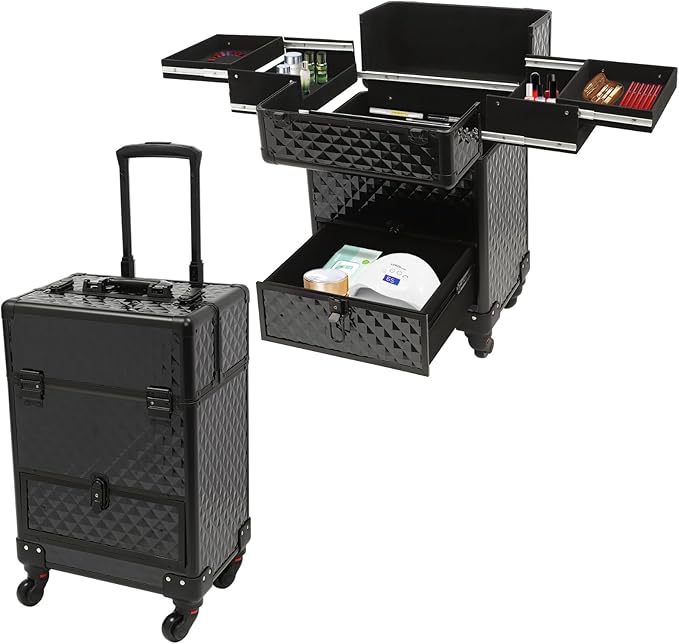 Professional Makeup Trolley Rolling Nail Case Wheeled Manicure Storage Case 13.4 * 9.8 * 18.5inch for Storing Scissors Makeup Jewelry Tools Black