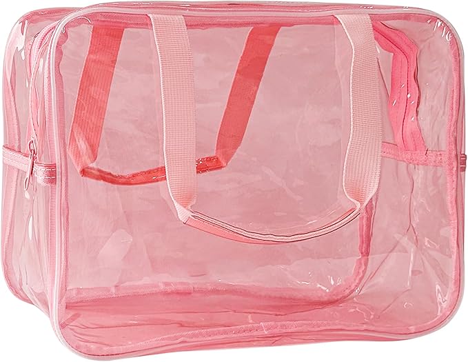 Pink PVC Clear Pure Color Transparent Large Zipper Cosmetic Pouch Travel Makeup Cosmetic Bag with Handle for Travel Bathroom Toiletry Organizer (Light Pink)