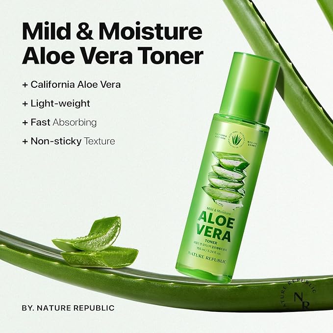 Nature Republic Mild & Moisture Aloe Vera Toner – Soothing & Hydrating Facial Toner, Lightweight Refreshing Formula, Korean Skincare (5.24 Fl Oz)