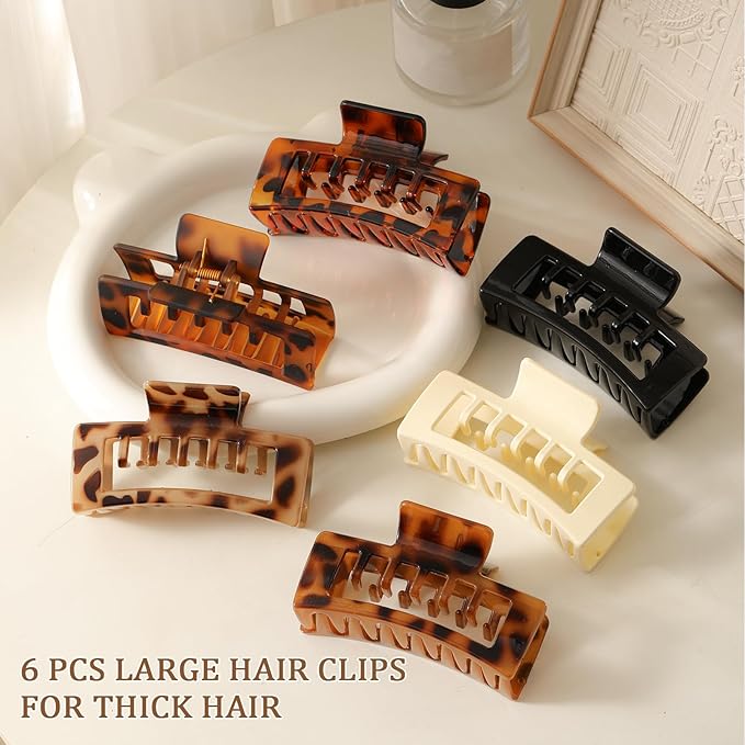 6 PCS 4.1 Inch Large Claw Clips for Thick Hair, Double Layer Teeth Tortoise Shell Rectangle Hair Clips for Hat,Strong Hold Square Big Claw Clip Non Slip Baseball Jaw Clips Hair Accessories