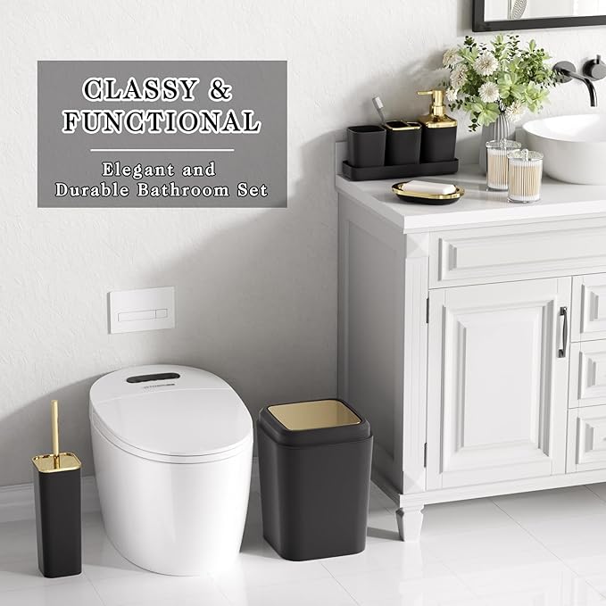 Black Bathroom Accessories Set, Black and Gold Bathroom Accessories with Trash Can, Tray, Soap Dispenser, Soap Dish, Toothbrush Holder, Toothbrush Cup,Toilet Brush and Qtip Holders