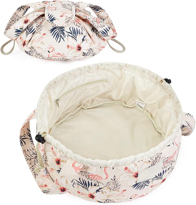 Narwey Barrel Drawstring Makeup Bag Large Floral Cosmetic Bag Make up Bags Toiletry Organizer for Women and Girls (Beige Flamingo) (Patent)