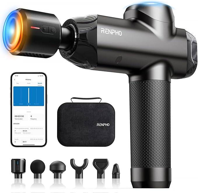 RENPHO Power+ Thermacool Massage Gun with Heat and Cold, 12mm Amplitude Deep Tissue Percussion Massager for Professional Athletes, App Controlled Guided Courses, 6 Speeds, 6 Attachments, Carry Case