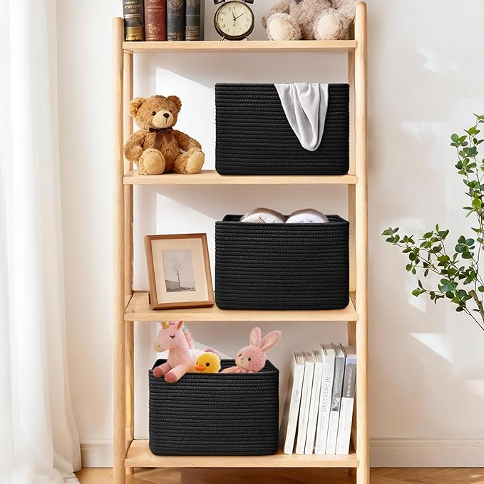 Storage Baskets for Organizing, 4 Pack Baskets for Shelves, Decorative Storage Bins for Shelves, Cotton Rope Storage Basket with Handles, Woven Basket for Storage, 13''Lx8.7''Wx7.9''H, Black