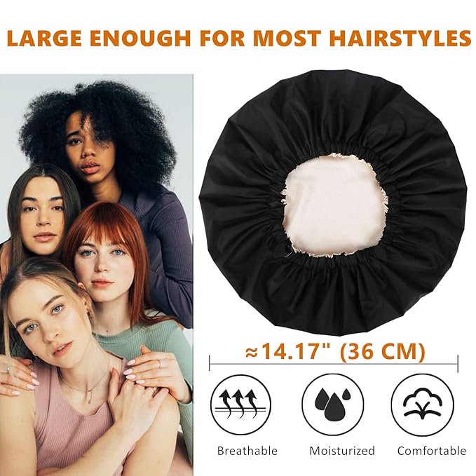 Adjustable Shower Caps for Women Reusable Waterproof Satin Lining Large Shower Cap for Women and Men Long Hair Braids Curly Hair (L,Black/Champagne)