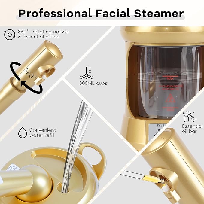 Facial Steamer, Nano Ionic Face Steamer with Extendable Arm for Deep Cleaning and Hydration, 360°Rotating Nozzle Face Humidifier, Portable Ozone Steamer for Beauty, Spa and Home Use（Golden）