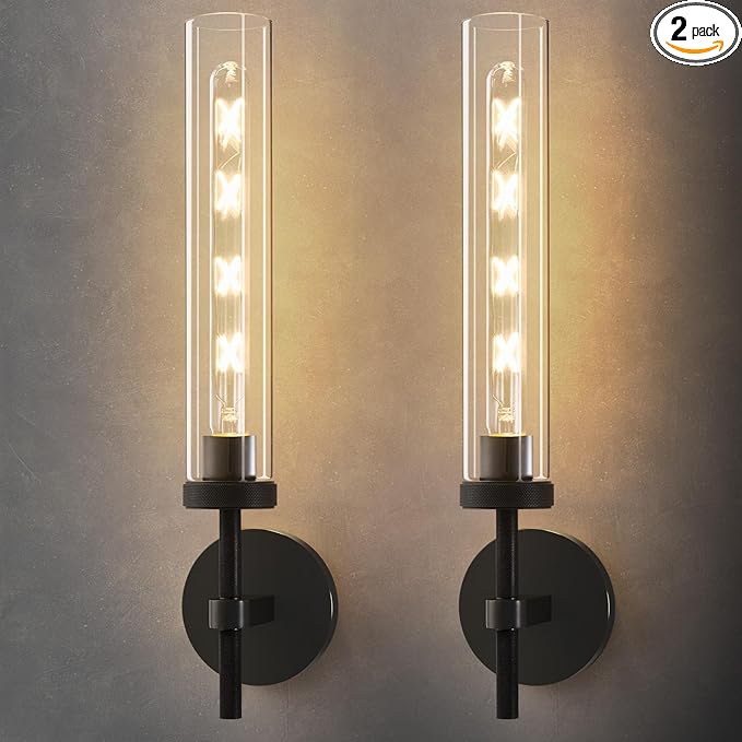 Brass Knurled Tube Wall Sconce - Set of 2 Luxury Modern Glass Sconces with Bulbs - Vertical Mounted Light Fixture - Black Dimmable Indoor Lighting for Vanity Bathroom Bedroom Living Room Hallway