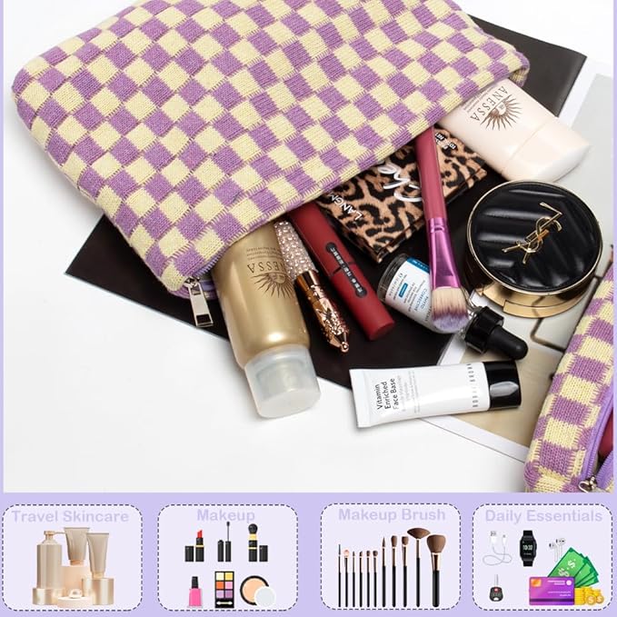 2 Pieces Makeup Bag Set, Small Checkered Cosmetic Bag Travel Toiletry Organizer Mini Purple Cosmetic Pouch Case Makeup Brushes Quilted Aesthetic Accessories Storage Bag for Women (Large+Mini Purple)
