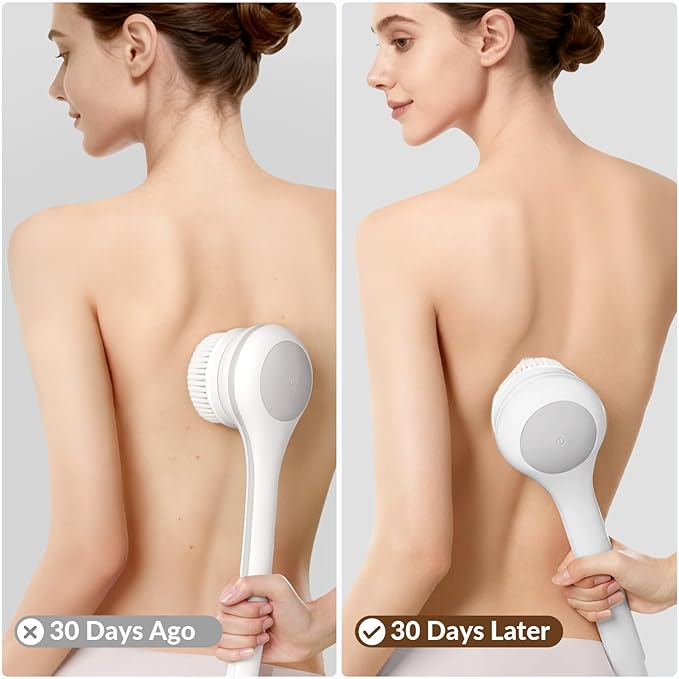 Electric Body Brush Back Scrubber for Shower, Waterproof Long Dual Handle Power Body Scrubber with 3 Heads, Bath Brush & 2 Speeds, for Cleansing, Exfoliating and Massaging Skin, Milk White