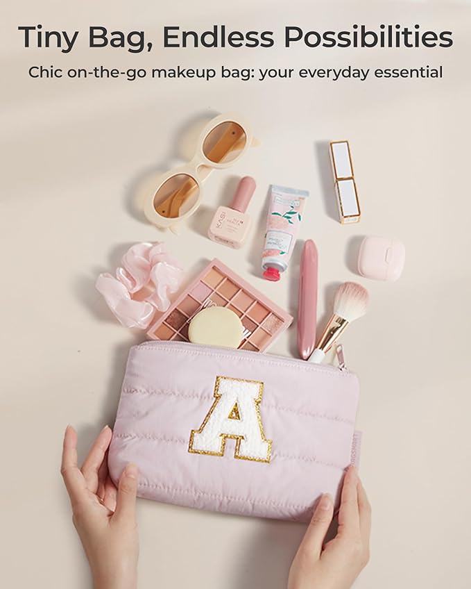 BAGSMART Personalized Makeup Bag with Initial, Pink Small Cosmetic Travel Organizer, Water-Resistant Pouch for Women & Teens for Bridesmaid Graduation (Initial-C, Small)