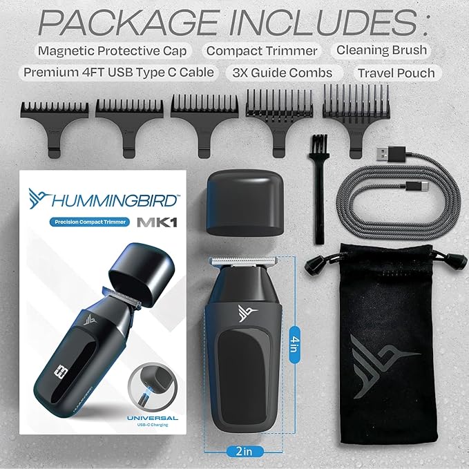 HUMMINGBIRD MK1 Compact Trimmer – Portable Electric Beard & Body Hair Trimmer for Men, Cordless USB-C Rechargeable, Face & Body Groomer, Travel Shaver, Travel Pouch, Great Gifts for Men, Dad, Husband