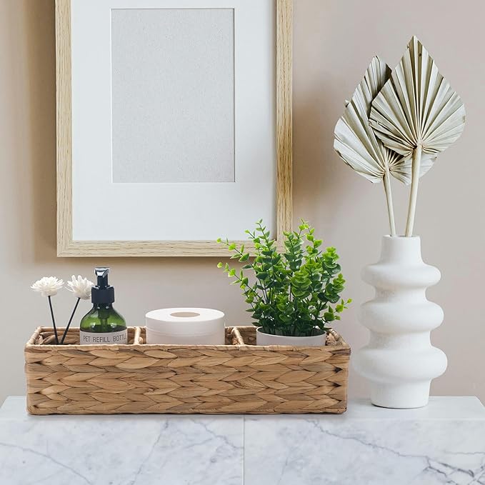 Wicker Bathroom Basket with 3 Compartments, Water Hyacinth Toilet Tank Basket, Woven Storage Box for Bathroom Organizer (16.5 x 5.5 x 3.5 inch)