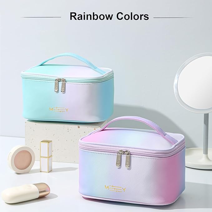 Meiyuuo Makeup Bag Large Cosmetic Bags for Women Girls Cute Travel Zipper Pouch Toiletry Organizer for Beauty Essentials Waterproof (Gradient Rainbow Green)