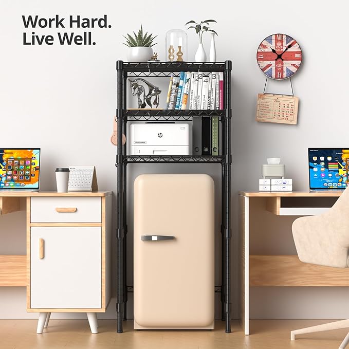 3-Tier Mini Fridge Stand, Adjustable Heavy Duty Storage Shelves, Maximizes Vertical Space for Dorm, Apartment, Kitchen and Office, Organizer Rack for Microwave, Snacks and Appliances, Black