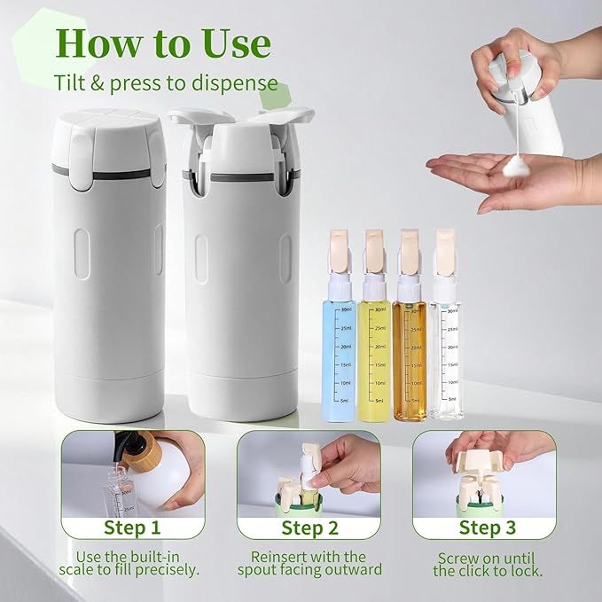4 in 1 Travel Dispenser, 4 Pack 30ML Travel Bottles for Toiletries, Leak Proof Travel Size Containers, Portable for Shampoo Lotion Conditioner Cream, White