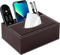 PU Leather Rectangular Tissue Box Cover - Multifunctional Tissue Box Holder with Stationery Remote Control Box, Decorative Tissue Pen Remote Organizer for Home/Office/Restaurant (Brown)