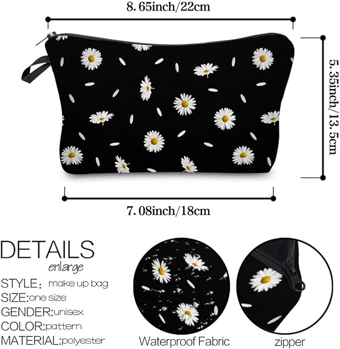 Deanfun Cosmetic Bag for Women, Durable Polyester Makeup Bag Organizer Travel Waterproof Roomy Accessories Daisy Purse Bag Gifts(52366)