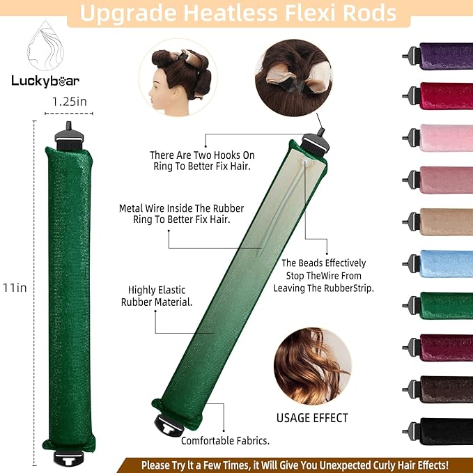 Heatless Hair Curler Rods for Overnight Satin Flexi Curls, Jumbo No-Heat Sleeping Styling Tools for All Hair Types - 3pcs Green