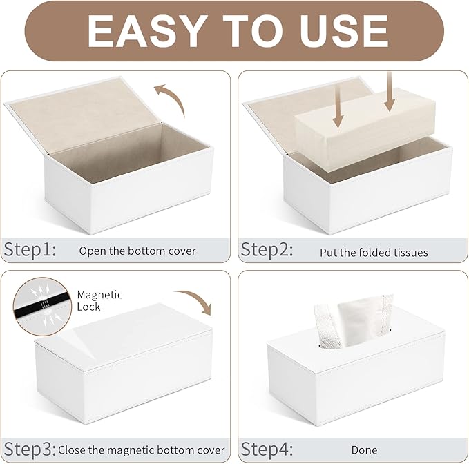 Tissue Box Cover, PU Leather Tissue Box Holder Rectangular Tissue Holders for Home/Office/Car Decoration 9.92"X5.51"X3.62" - White