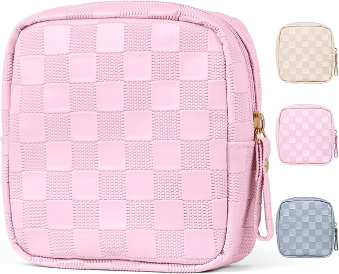MAGEFY Small Makeup Bag for Purse, Checkered Makeup Bag Small Pouches for purse Leather Mini Make Up Bag Cute Cosmetic Bag for Women with Slip-in Pockets,Pink