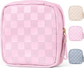MAGEFY Small Makeup Bag for Purse, Checkered Makeup Bag Small Pouches for purse Leather Mini Make Up Bag Cute Cosmetic Bag for Women with Slip-in Pockets,Pink