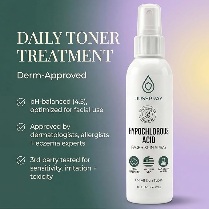 Jusspray™ Hypochlorous Acid Spray for Face and Skin | HOCI Facial Cleanser Mist | 8 oz Hypochlorous Acid for Face, Skin, Acne, Eczema, Body Acne Sprays, Piercing Aftercare, Wound Solution
