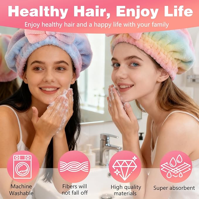 2PCS Super Absorbent Hair Towel Wrap for Wet Hair,Microfiber Hair Drying with Caps Bow Design,2026 New Fast Drying Hair Turban Wrap Towels Shower Cap for Girls and Women(Gradient Pink)