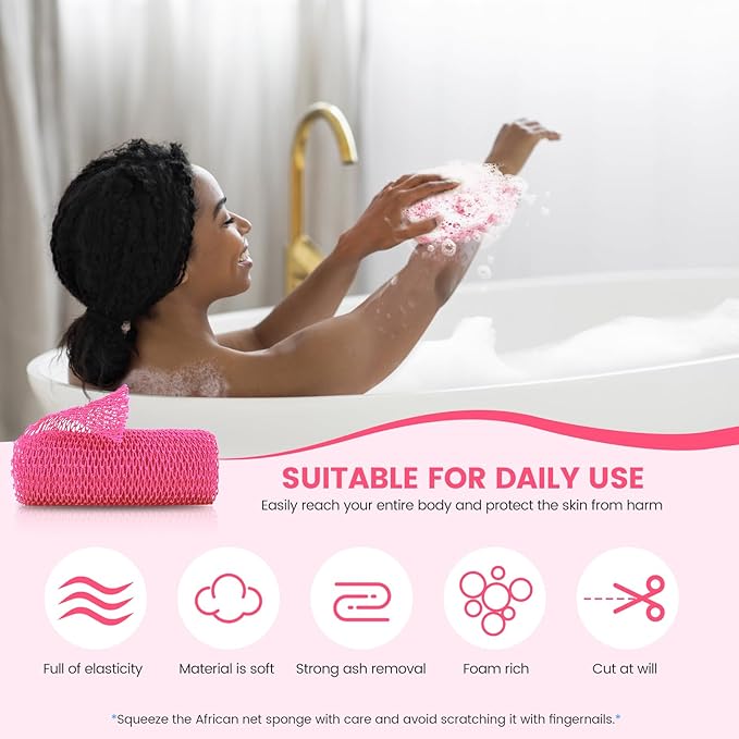 African Net Sponge, Authentic Exfoliating Body Scrubber for Bath and Shower, Multiple Textures with Gentle Deep Exfoliating and Rich Lather for All Skins (Pack of 2 (Pink+Purple))