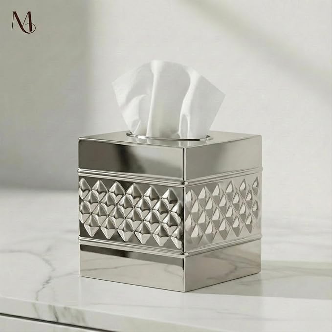 Monarch Abode Tissue Box Cover Square – Handcrafted Geo Embossed Nickel Chrome Finish Metal Tissue Holder Box for Bathroom Accessory, Aesthetic Decorative Facial Napkin Cube for Modern Home Décor