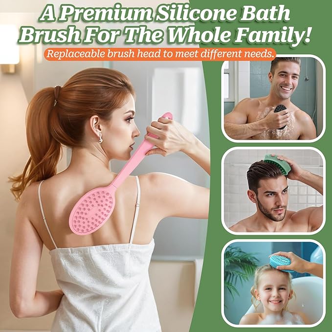 Silicone Back Scrubber for Shower, Gentle Shower Scrubber for Lathering, Softe Silicone Loofah with Two Replaceable Brush Heads, Good for Kids, Sensitive Skin(Pink-Two Heads)
