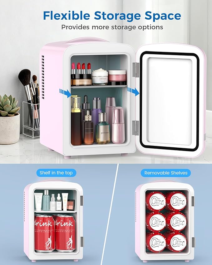 Mini Fridge for Bedroom, 4L/6 Cans Small Cosmetic Fridge for Skincare, Makeup, Medicine & Beverage, Portable Desk Fridge Cooler and Warmer for Kids, Car, Office, Dorm, Pink