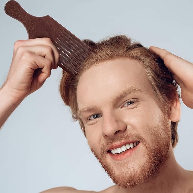 2 Pieces Wooden Beard and Hair Combs - Long-Tooth Detangling Combs for Women and Men (Natural Color, Reddish Brown)