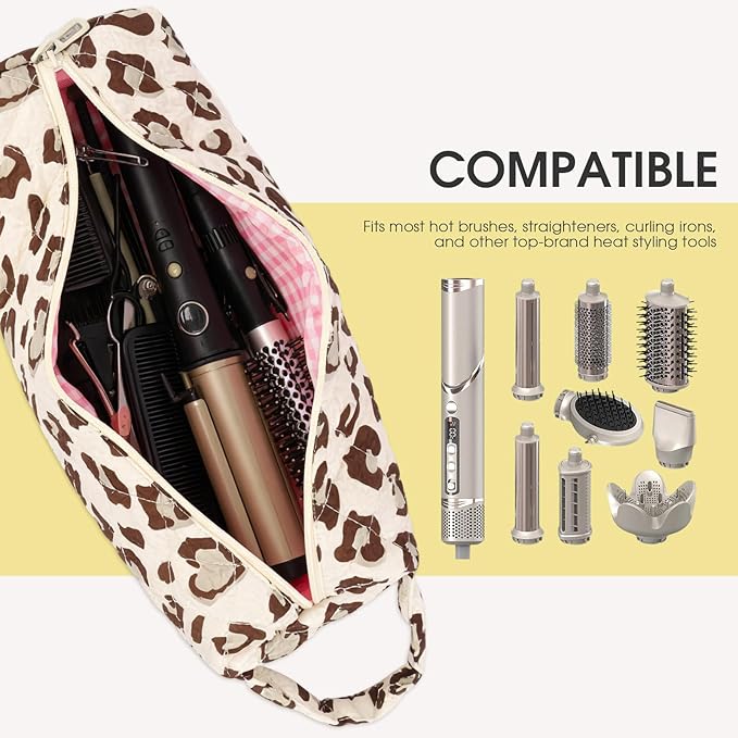 Quilted Hair Tools Travel Bag, Compatible with Dyson Airwrap Shark Flexstyle Hair Dryers, Curling Irons Organizer, Portable Large Hair Styling Tool Storage Case, Travel Essentials, Leopard