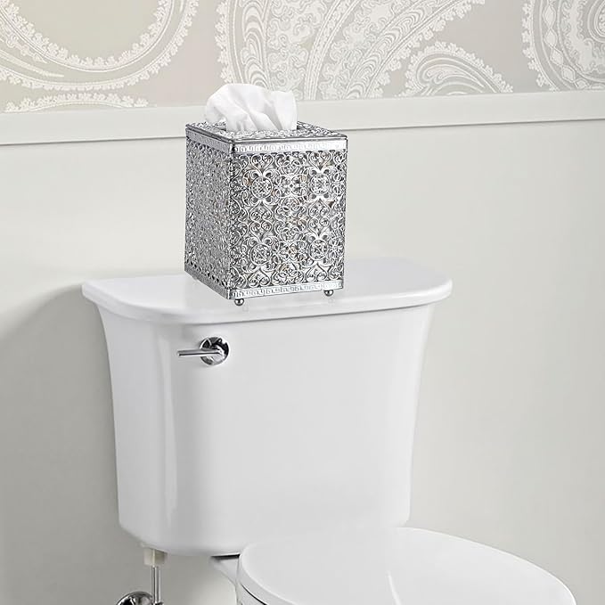 Sumnacon Tissue Box Cover Square Tissue Box with Lid, Metal Tissue Box Holder Stylish Tissue Cover Cube Tissue Box Cover for Bathroom Toilet Kitchen Table Desk Home Office, Silver