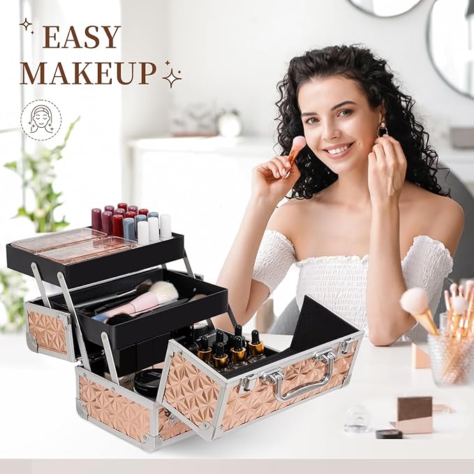 Leeora&Leekoo Makeup Train Case with Lighted Mirror,Portable Makeup Box Organizer (Rose Gold)