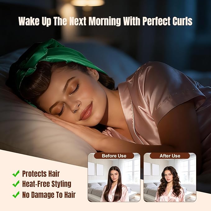 TULOBI 3 Pcs Heatless Curls Overnight - Upgraded Velvet Heatless Hair Curler with Velcro Fastener, Overnight Jumbo Blowout Rods, Hair Curlers to Sleep in for All Hair Types (Green)