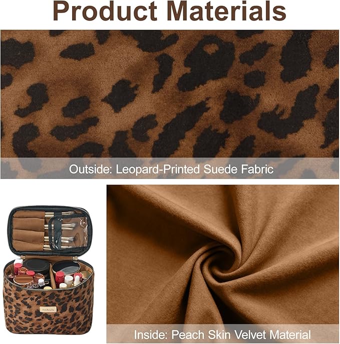 AmBealla Large Makeup Travel Bag Cosmetic Bags with Makeup Mirror and Brush Holder,Makeup Organizer Leopard Print for Women,Portable Toiletry Bag for Fashion Girls