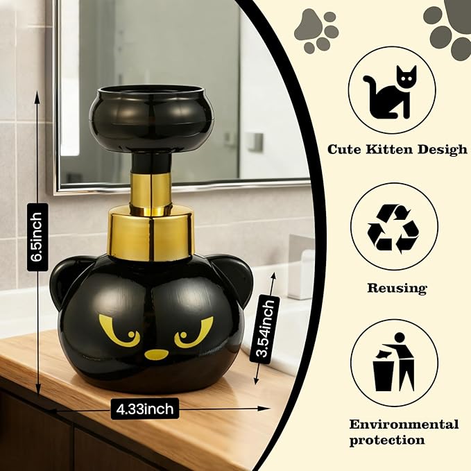 Cute Cat Paw Foam Soap Dispenser, Black Kitty Foaming Pump Bottle Creates Paw-Shaped Foam, Refillable Eco-Friendly Hand Soap Dispenser for Home, Salon, and Bathroom - BPA Free