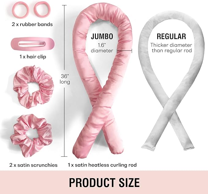 Jumbo Heatless Hair Curler Set-Satin Heatless Curls Overnight, Jumbo Curling Rod Headband, No Heat Curlers To Sleep in (Pink)