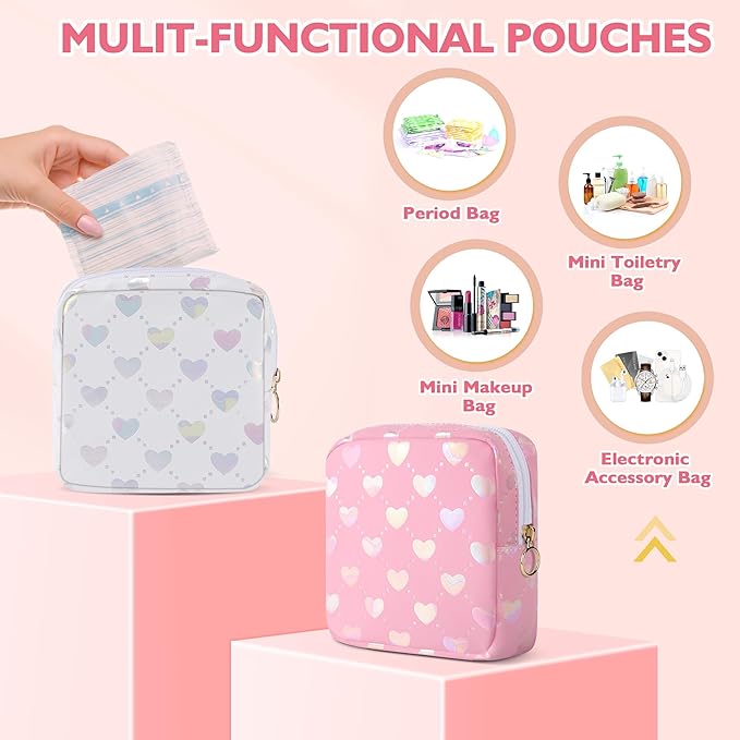 Period Bag Pouch, Leather Sanitary Napkin Storage Bag for Girls Womens, Portable Sanitary Napkin Period Pad Pouch Bag for Purse, Small Make Up Bags(White LOVE)