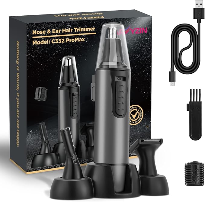 AREYZIN Nose Hair Trimmer for Men,Rechargeable Ear and Nose Trimmer Kit,Professional Painless Eyebrow Facial Hair Clipper, IPX7 Waterproof,Dual Edge Blades Easy Cleansing,Dark Gray