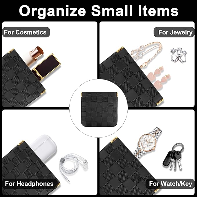 2Pcs Small Makeup Bag for Purse, Mini Checkered Leather Purse Pouches for Purse Small Makeup Pouch Small Coin Purse Organizer Pouches, Portable No Zipper Pocket Cosmetic Bag for Women (Black)