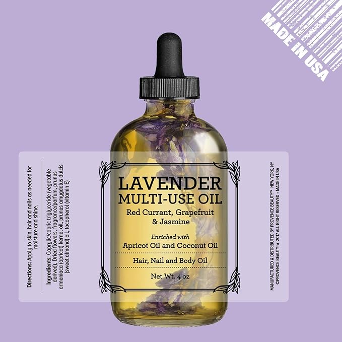 BEAUTE DE PROVENCE Lavender Multi-Use Oil for Face, Body and Hair - Organic Blend of Apricot, Vitamin E, Fractionated Coconut and Sweet Almond Oil Moisturizer for Dry Skin, Scalp and Nails - 4 Fl Oz