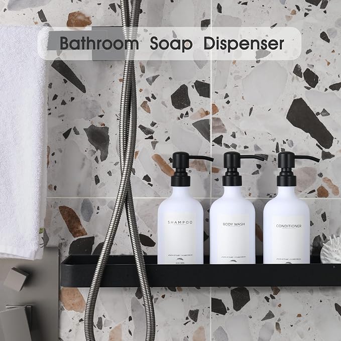 Shampoo Dispenser for Shower Wall Mount, No Drill Shampoo and Conditioner Dispenser with Matte Pump and Waterproof Labels, Shower Soap Dispenser Wall Mounted for Home Bathroom - White