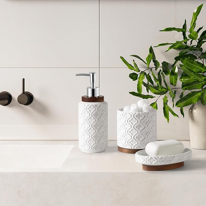Elegant Bathroom Accessories Set 5 PCS Ceramic and Wood Bathroom Accessory Set Soap Dispenser Toothbrush Holder Tumbler Soap Dish Cotton Swab Jar Easy to Clean Quatrefoil Pattern White
