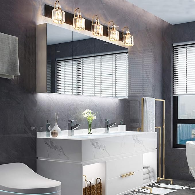 Ralbay Modern LED Bathroom Vanity Lights 5-Lights Crystal Vanity Lights Over Mirror Modern Black Bathroom Vanity Lighting Fixtures