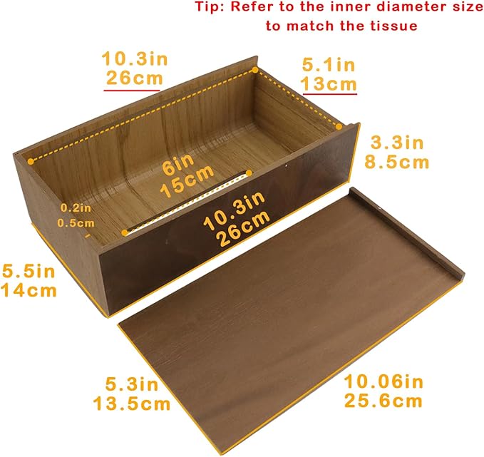 Geesatis Tissue Box Cover,Square Wood Tissue Box Holder, Rectangular Napkin Facial Tissues Holder for Bathroom Toilet Bedroom Living Room Table Desk Office Dresser, 1 Pcs Walnut Color 10.3"x5.5"x3.4"
